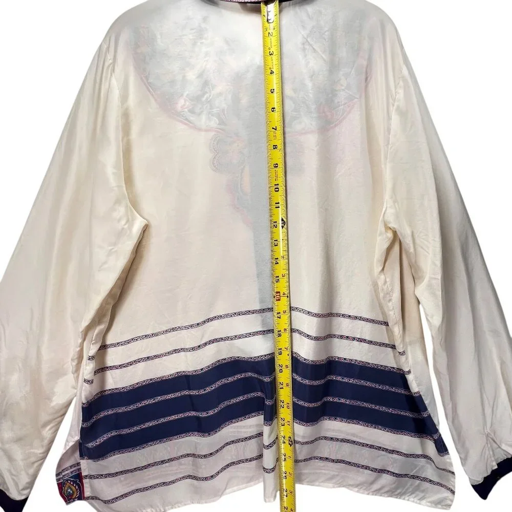 Sundance XL 100% Silk Button Up Blouse Ivory Whimsical Paisley Semi Sheer Collar - Picture 8 of 10